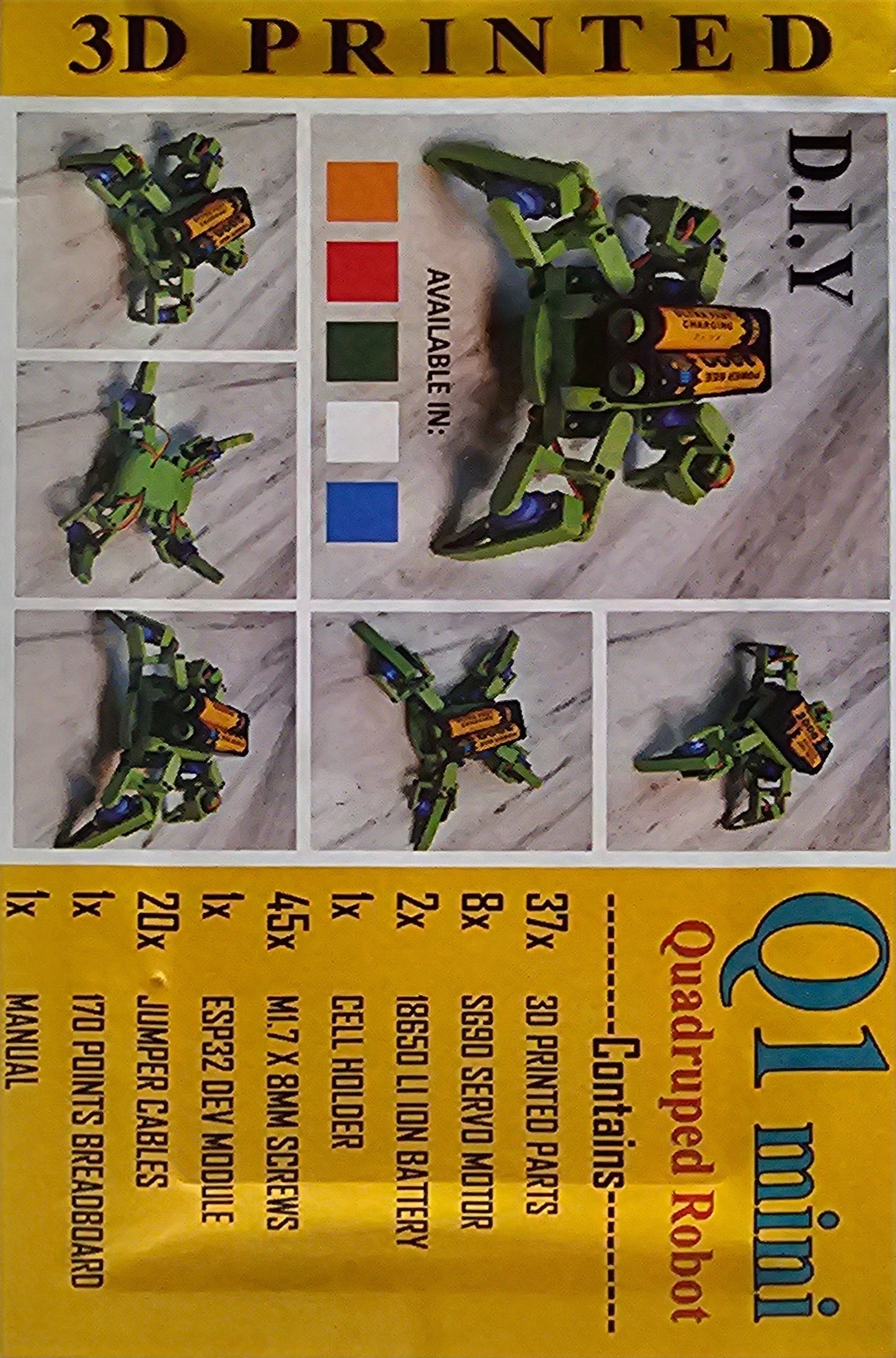 DIY Q1 Mini Quadruped Robot with 3D Printed Parts (White)