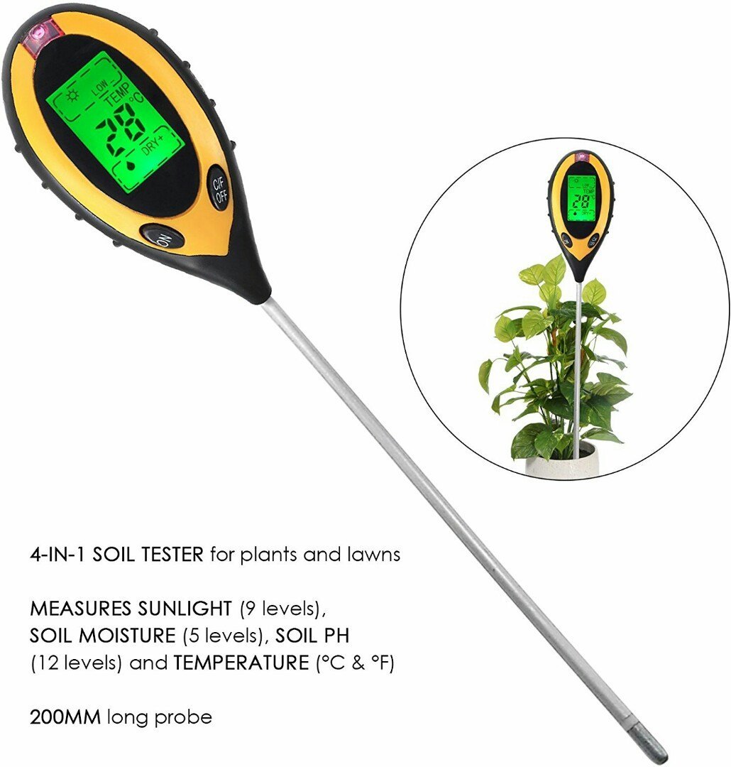 4 in 1 Soil PH Meter Soil Tester PH Moisture Meter Temperature Sunlight Measurement Analysis Acidity Alkali (Without Battery)
