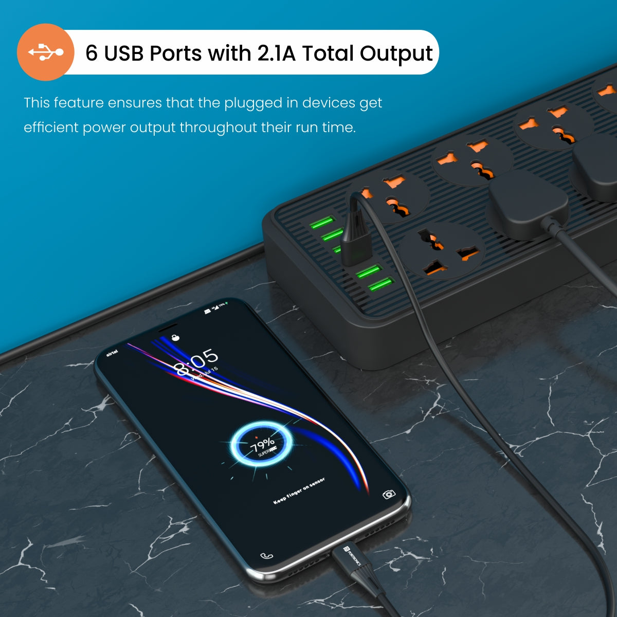 Portronics POR-1473 Power Plate 7 Extension Board with 8 Sockets, 6 USB Charging Ports, 3 Meter Long Cord, 2500 Watts (Black)