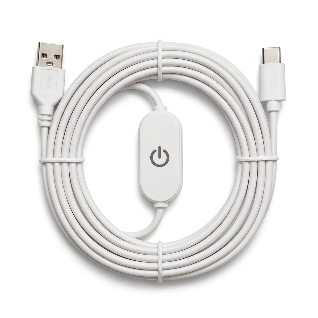 A white USB cable with a built-in power switch, featuring a USB-A connector on one end and a USB-C connector on the other, coiled and secured with a tie-wrap on a white background.