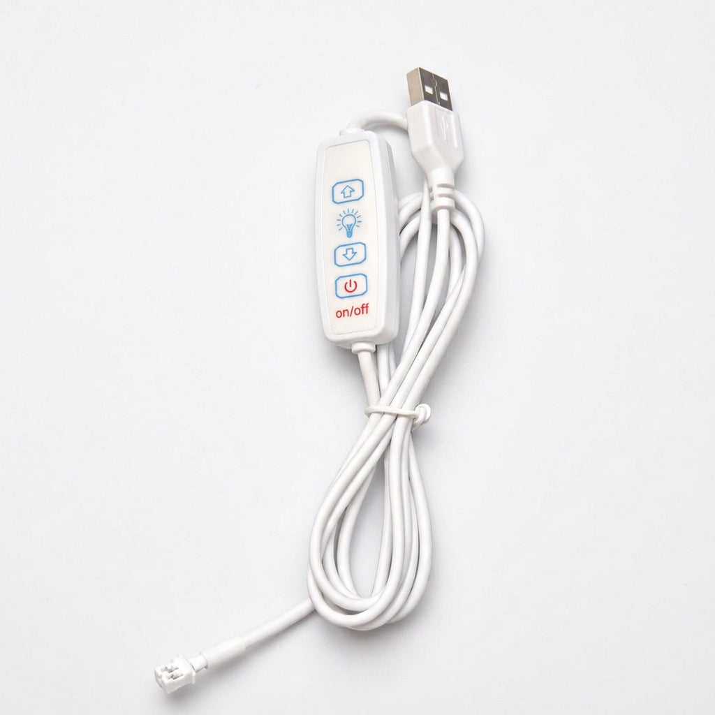 A white USB-controlled light strip remote and power cable, featuring a coiled white cord, a white rectangular remote with blue and red buttons, and a USB connector, shown on a plain white background