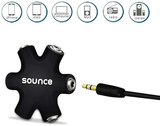 Sounce 5-Way Multi Headphone Audio Splitter Aux Adapter Connector Multi Headphone Splitter, 3.5mm Audio Stereo Splitter Cable, 1 Male to 5 Port Female Earphone Headset Splitter Adapter, Black (5WAYAUX)