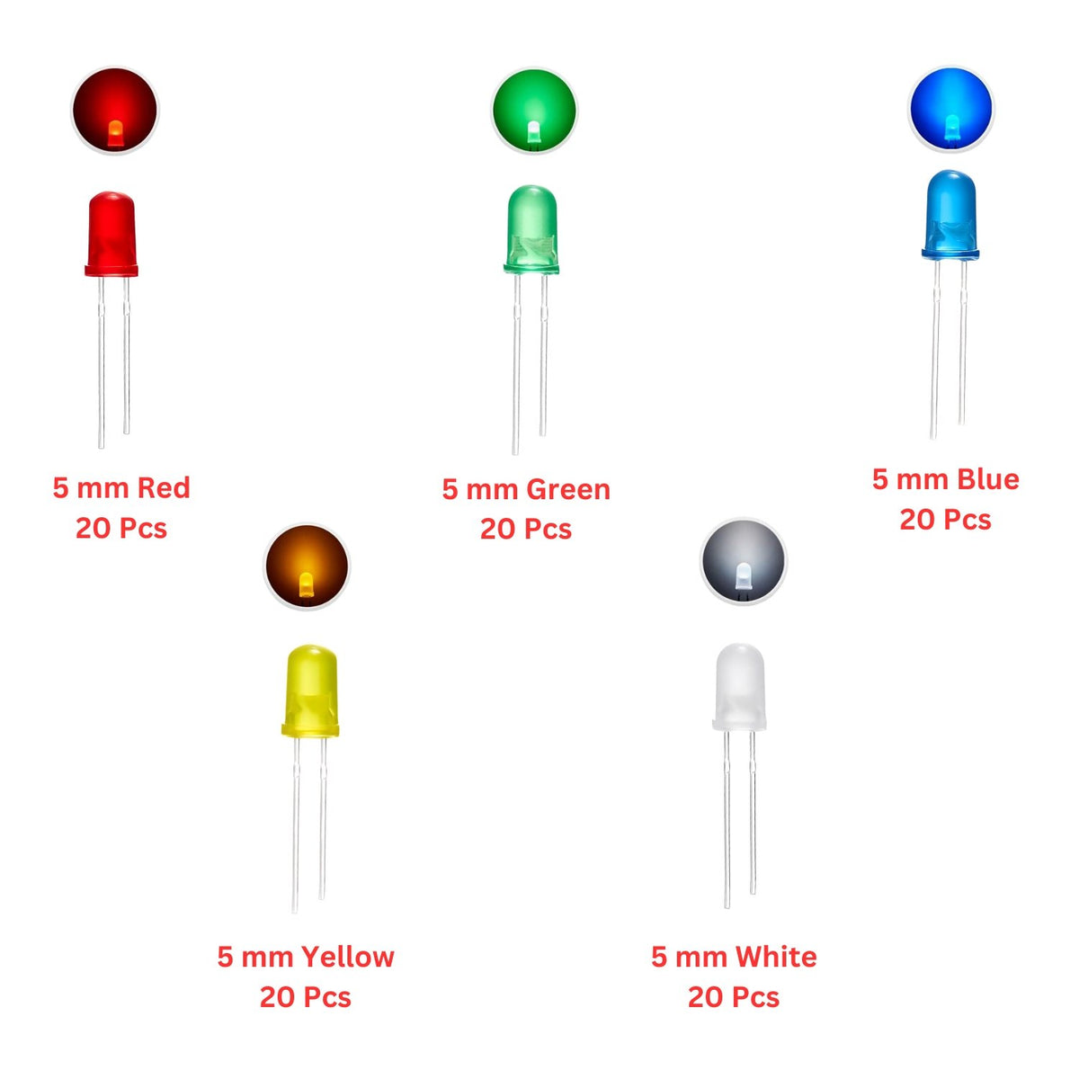 Elepak 5mm Diffused LED Pak 100 Pcs 5 Colors
