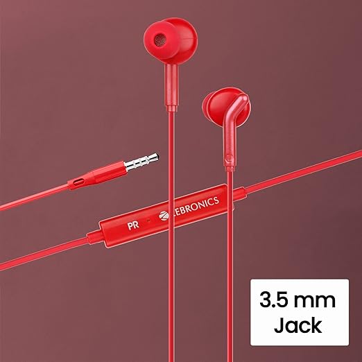 ZEBRONICS Bro in Ear Wired Earphones with Mic, 3.5mm Audio Jack, 10mm Drivers, Phone/Tablet Compatible (Red)