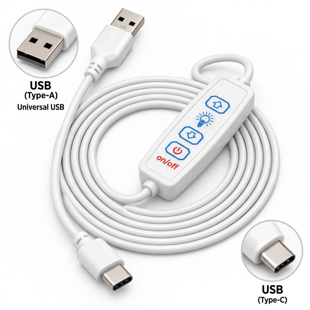 White USB to USB-C adapter cable with an inline controller, shown on a white background with callout circles highlighting the USB Type-A and USB Type-C connectors.