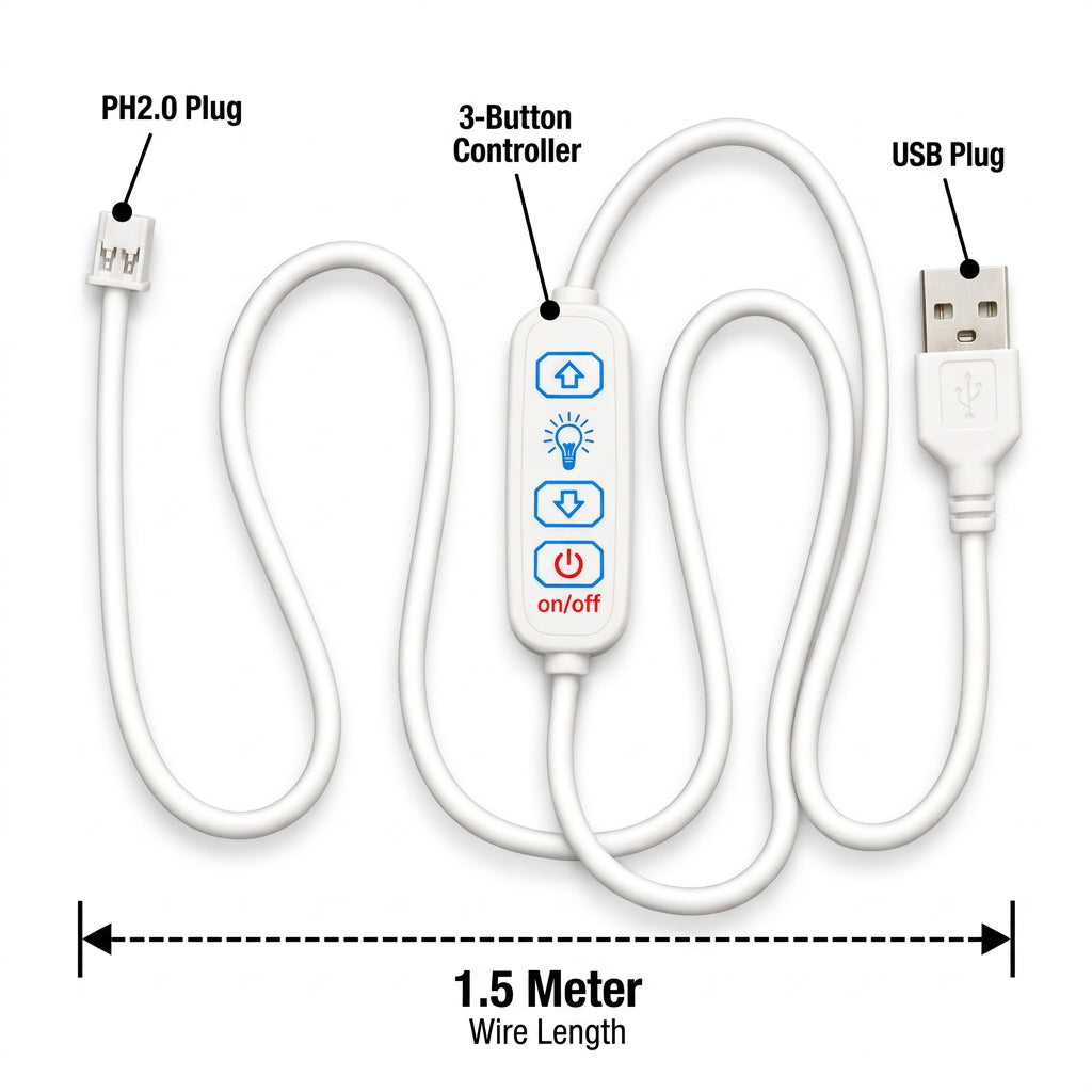 White extension cable with PH2.0 plug, USB plug, and a 3-button controller,