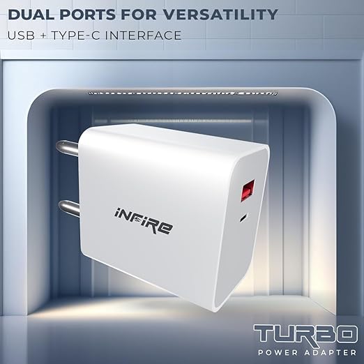 iNFiRe Turbo 2 in 1 Charger 20W Dual Port USB & Type - C Charger Without Cable Compatible with All Android, iPhone & Airpods (White)