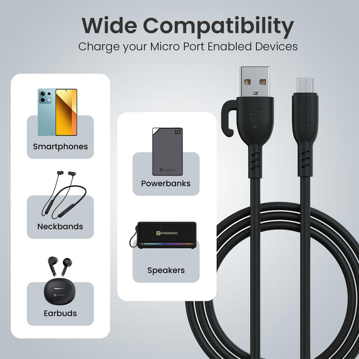 Portronics POR-2885 Konnect Core 3 USB to Micro USB Cable 1 m Length (Black)