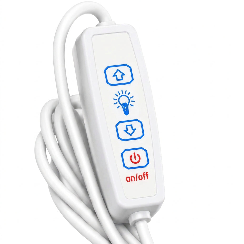 A close-up of a white plastic power adapter or control module with blue and red button icons, shown on a white background with explanatory callouts labeled Brightness Up, Indicator Light, Brightness Down, and On / Off.