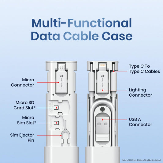 Portronics POR 2978 Snapcase 3 60W Multifunctional Fast Charging Data Cable Kit, Conversion Set USB A & Type C to Male Micro/Type C/Lightning, Data Transfer, Sim Storage, Sim Eject Pin, Pocket Size(White)
