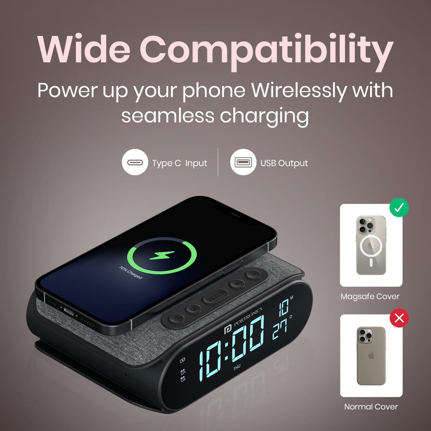 Portronics POR 2129 VoltClock 15W Wireless Charger for All Compatible Wireless Charging Smartphones, Digital Clock, 2 Alarm Setting with Snooze Button, Room Temperature Display,Wireless Fast Charging(Black)
