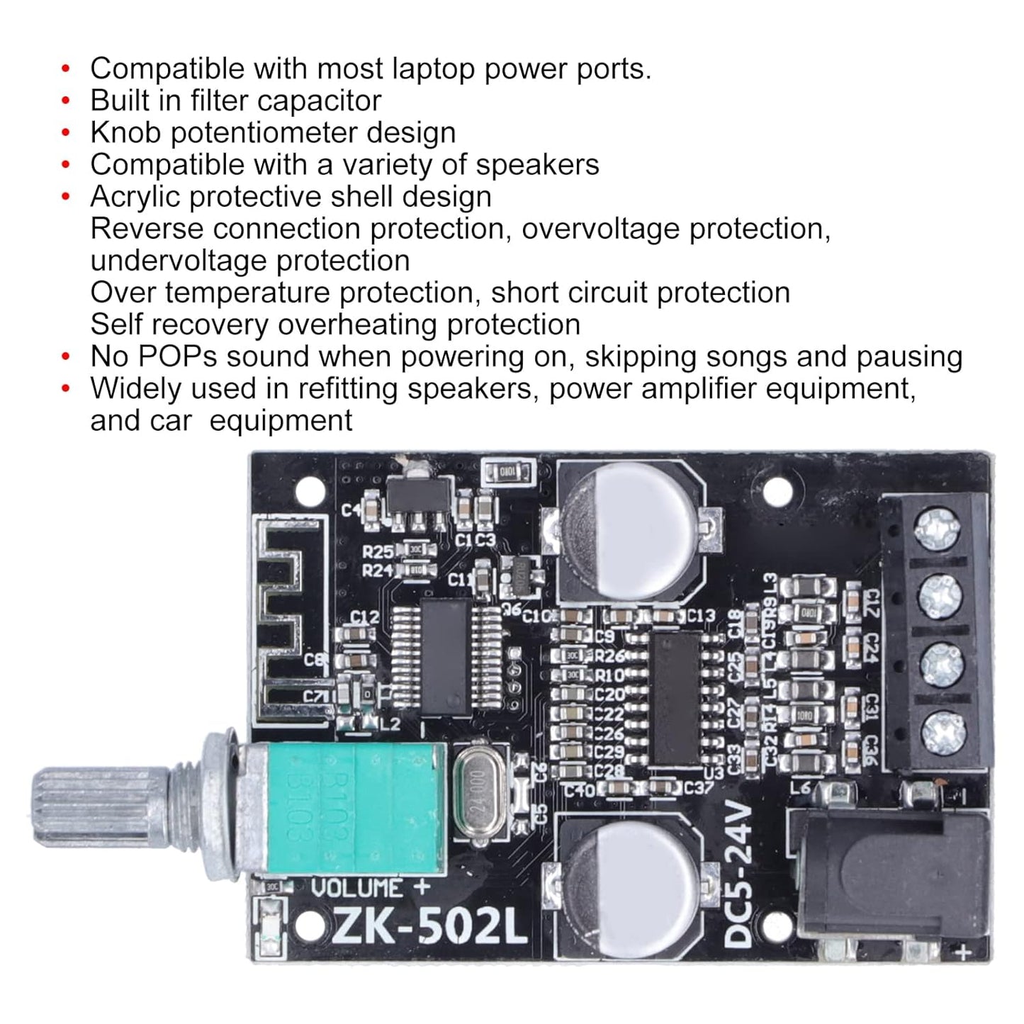 ZK‑502L Dual Channels Bluetooth Digital Amplifier Module for DIY Speakers 5-24V