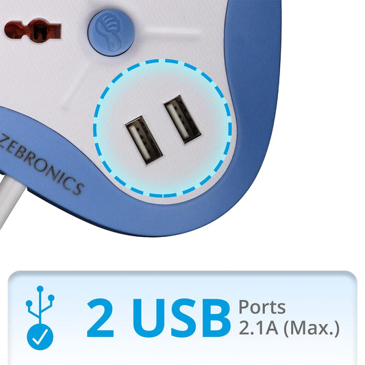 ZEBRONICS -PS2120 USB 2500W USB Power Extension Socket 2 USB Ports, A Power Indicator Along with 2.8Ft Cable Length,