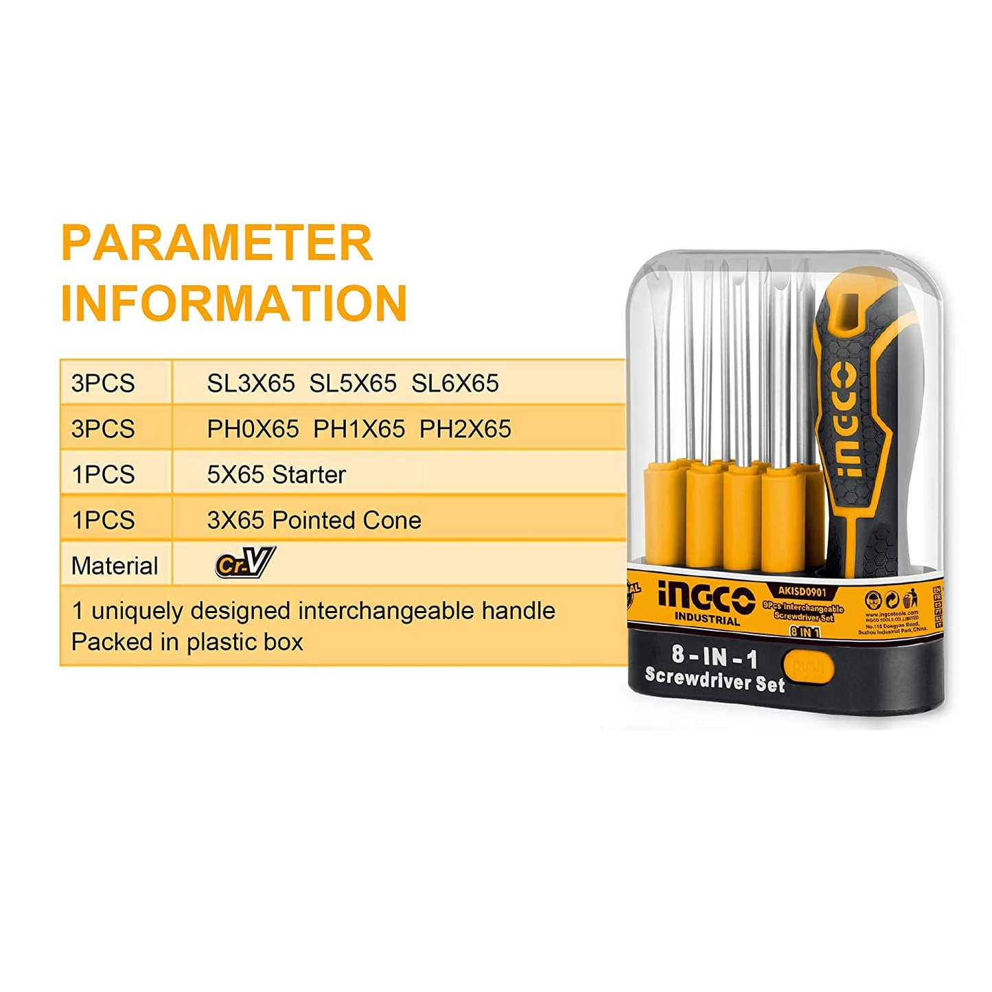 INGCO AKISD0901 9 Pcs 8 in 1 Interchangeable Screwdriver Set