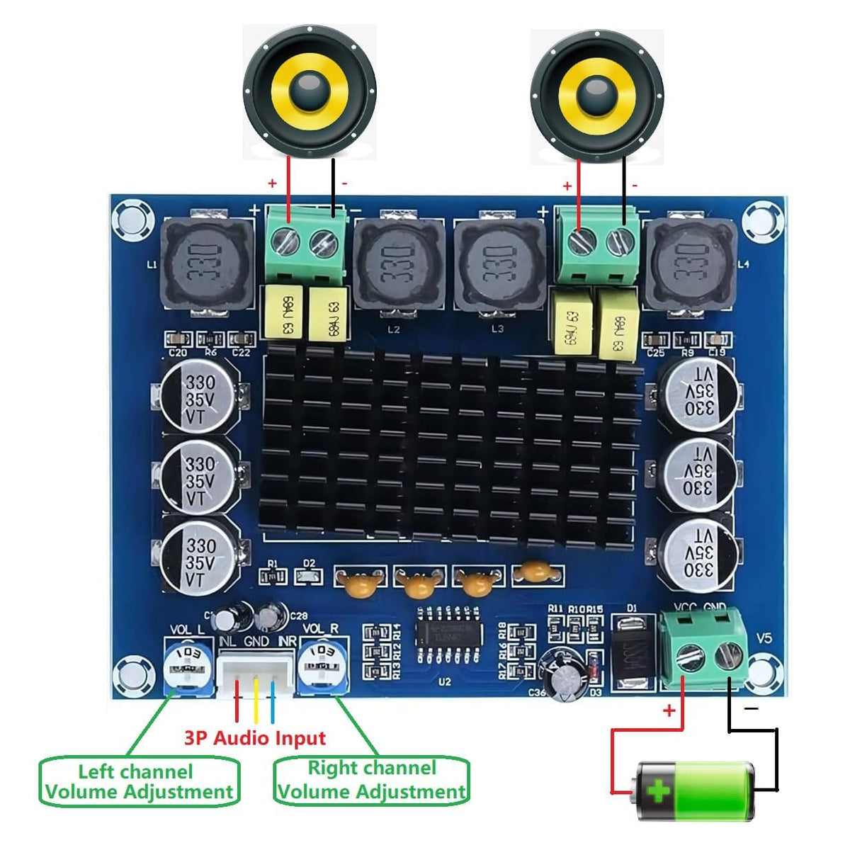XH-M543 TPA3116D2 Dual Channel Class D Audio Power Amplifier 2 x 120W 12 to 24V DC