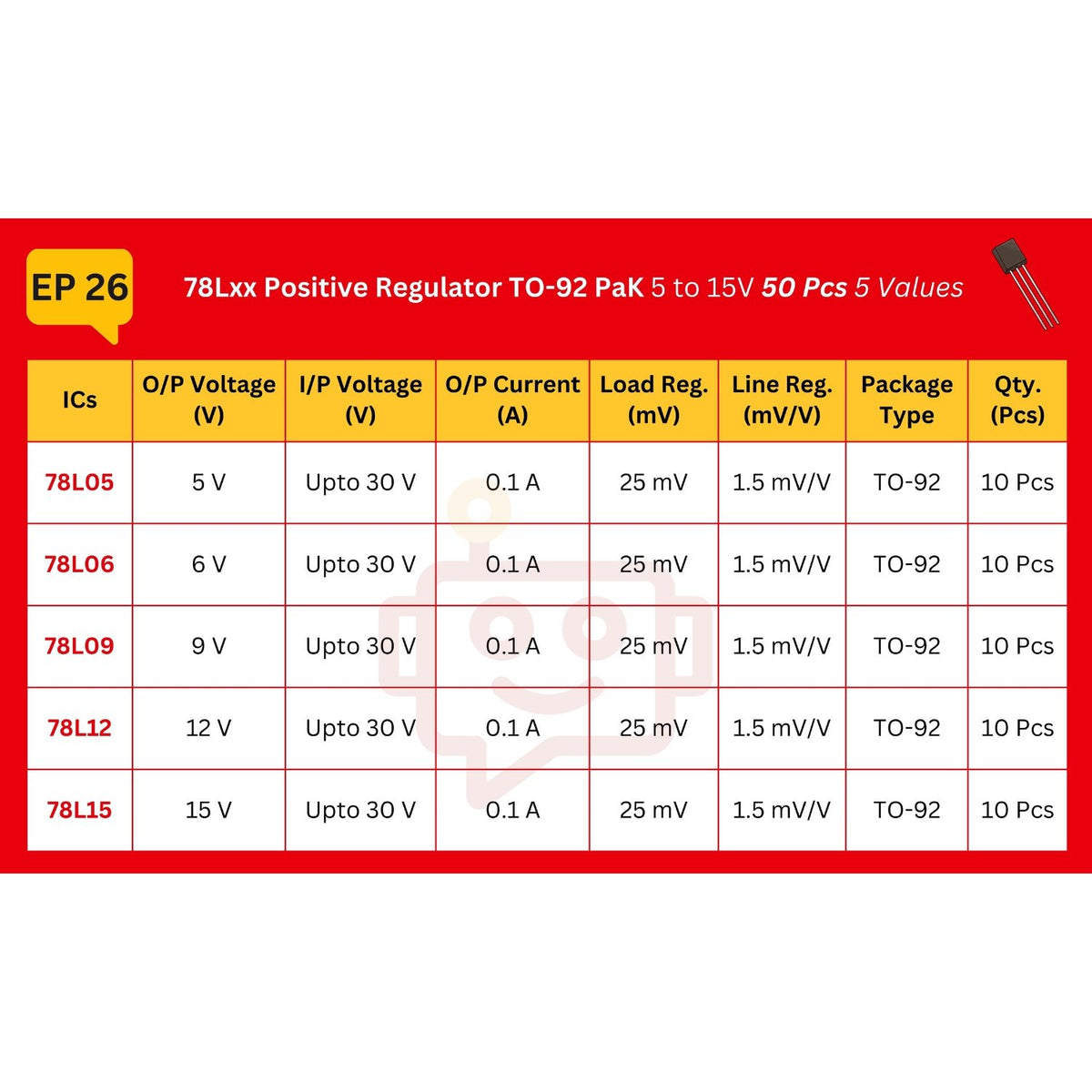 Elepak 78Lxx Positive Regulator TO-92 Pak 5 to 15V 50 Pcs 5 Values