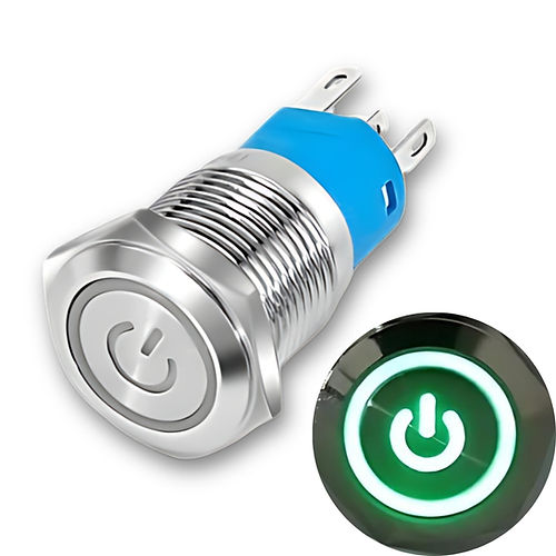 19mm Green Power Symbol Led Stainless Steel Latching Type Push Button Switch IP65 12v DC
