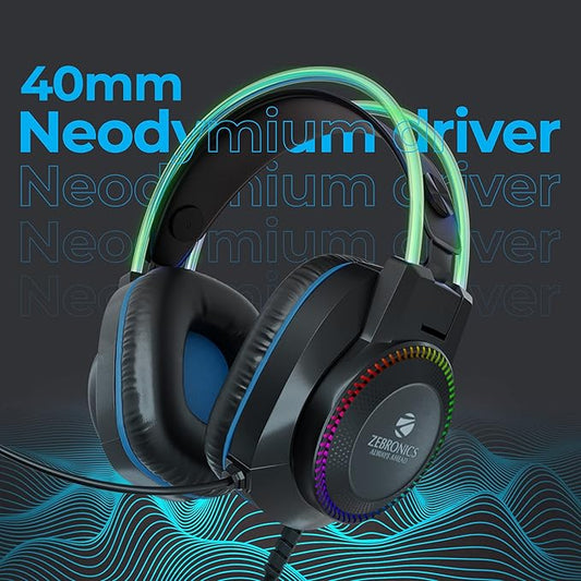 ZEBRONICS Zeb-Jet Pro Premium Headphone,LED Headband,Suspension Design, 2 mtr 3.5mm+USB Wired Gaming (Black+Blue, On the Ear)