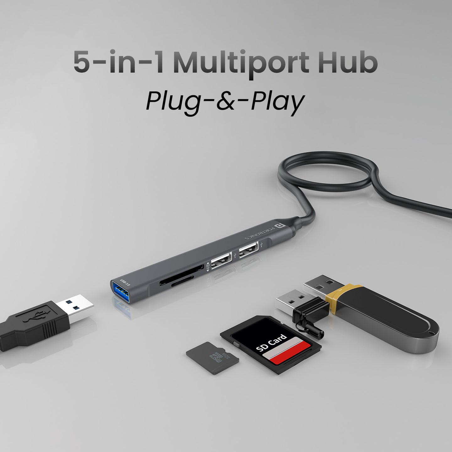 Portronics POR-2053 Mport 31 Plus USB 3.0 Hub (5-in-1) with Card Reader (Grey)