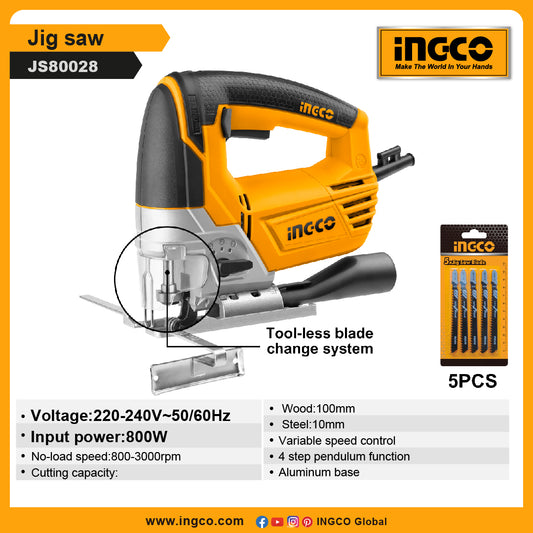 INGCO JS80028 Jig Saw 800W with 5pcs Saw Blades