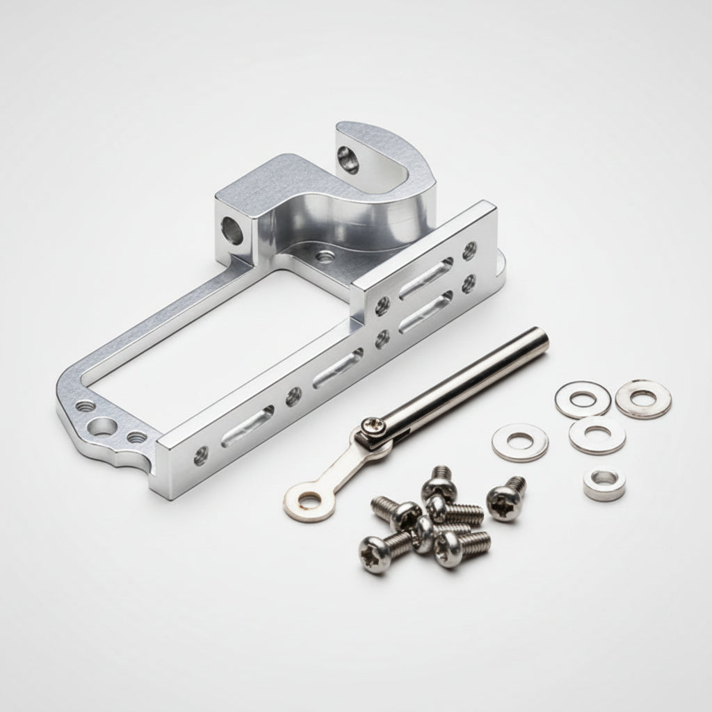 A silver air drop rack kit without servo, including a metal frame and a set of screws and bolts for assembly.