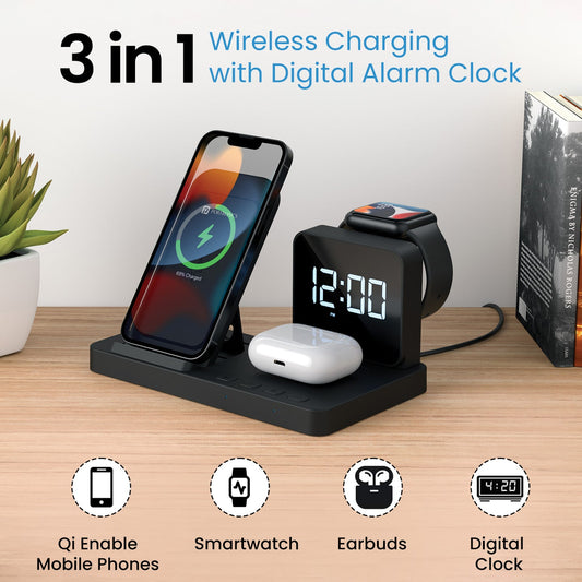 Portronics POR-2119 BELLA 3-in-1 fast wireless charging station integrated with a digital alarm clock (Black)