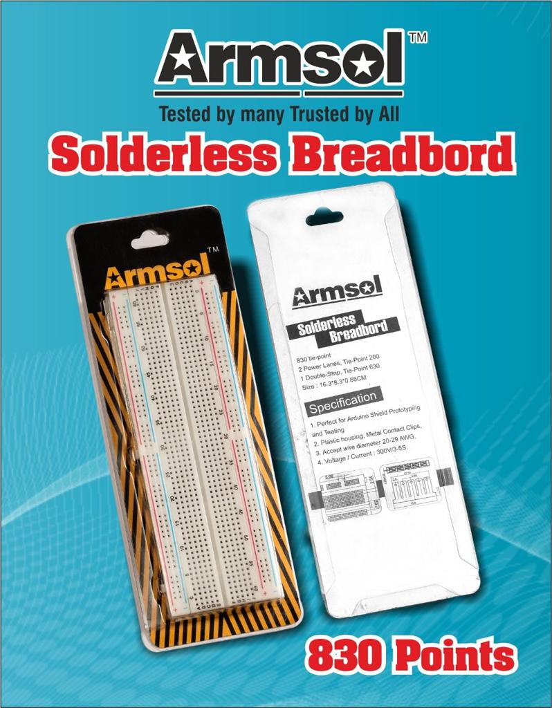 Armsol Solderless Breadboard product packaging on a bright blue background, showing two packaged boards and large text reading 'Armsol,' 'Solderless Breadboard,' and '830 Points.'.
