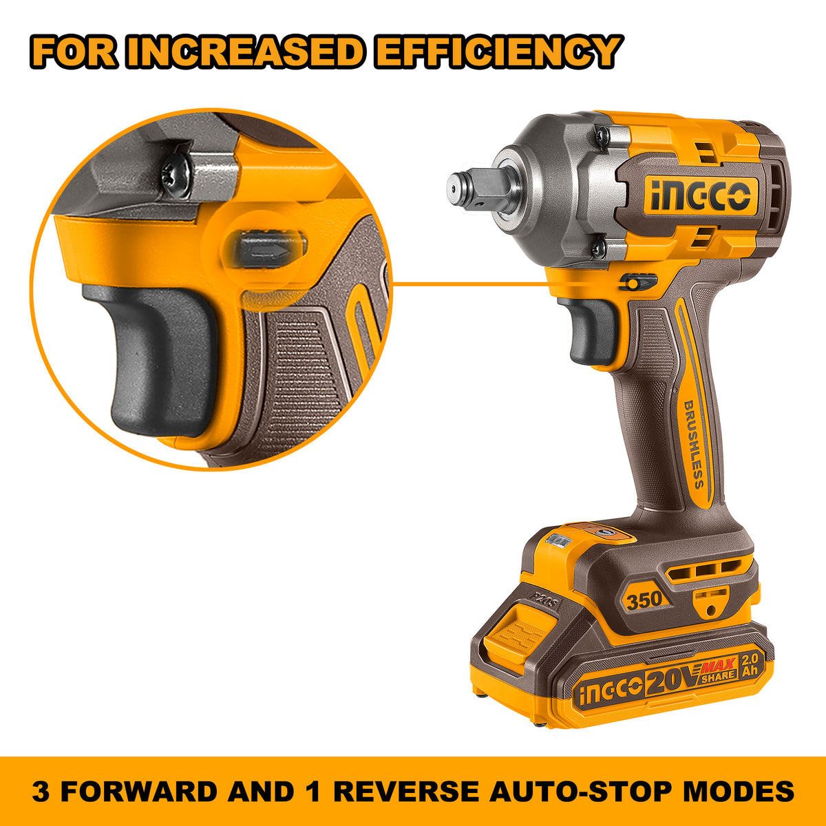 INGCO CIWLI2035 20V Cordless Brushless Impact Wrench | 1/2" Square Drive, 350Nm Torque, LED Work Light | with 2 Batteries & Charger, Carrying Case, 19/21mm Sockets