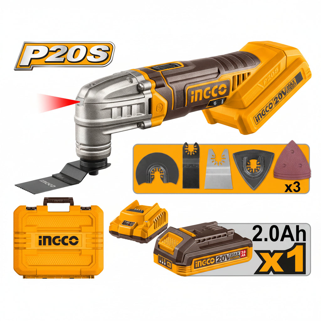 INGCO CMLI20228 Cordless Multi Tool, 6 Speed Adjustment, With Blades & Sanding Papers, With Battery & Charger