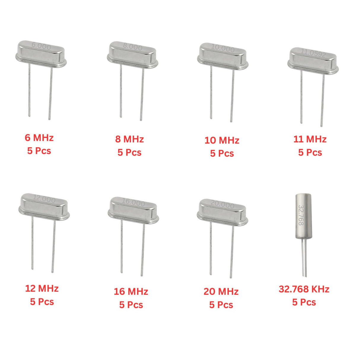 Elepak Crystal DIP Pak 32.768 KHz to 20 MHz 40 Pcs 8 Values