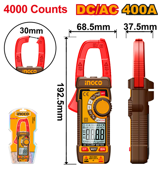 INGCO DCM62002 Digital Clamp Meter, 400A AC/DC, True RMS, 4000 Counts, LCD Backlit Display, Auto Shutdown