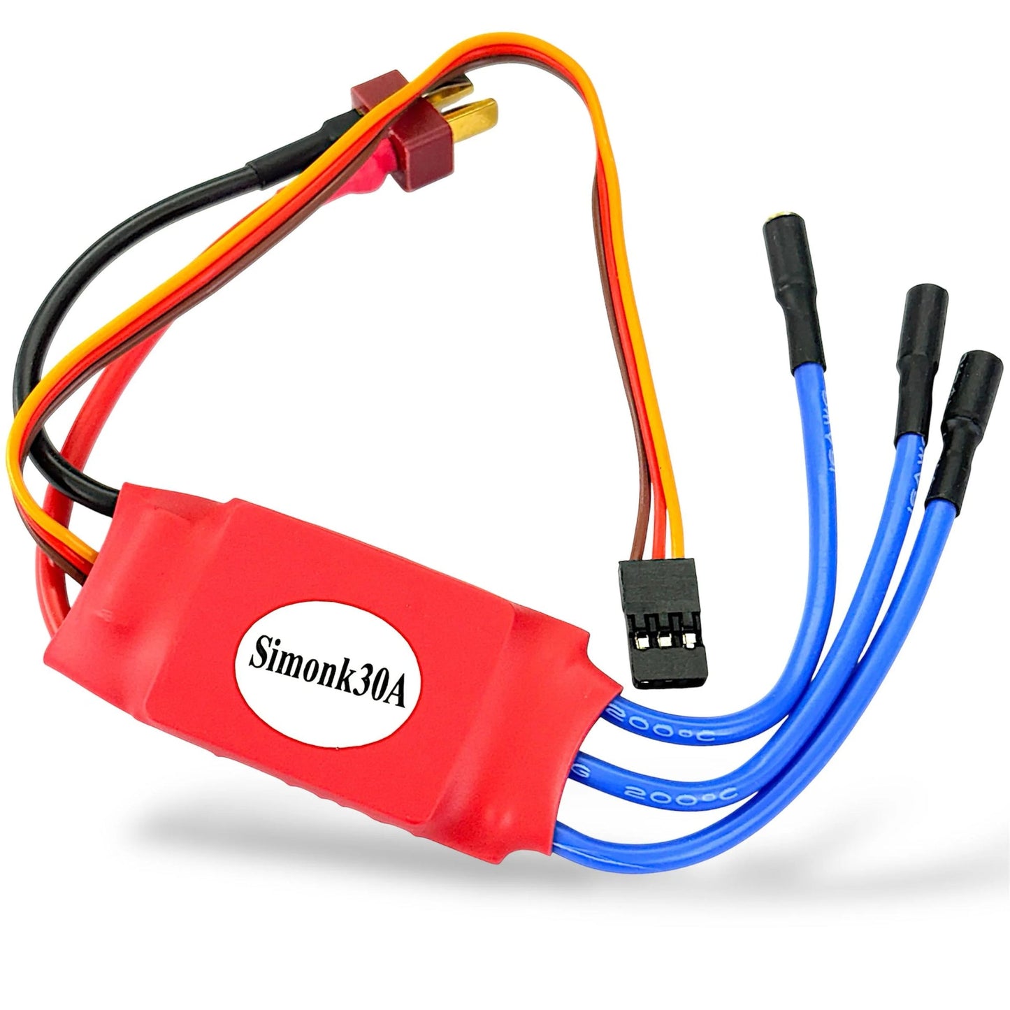 Red electronic component with 'Simonk30A' label and multicolored wires on a white background