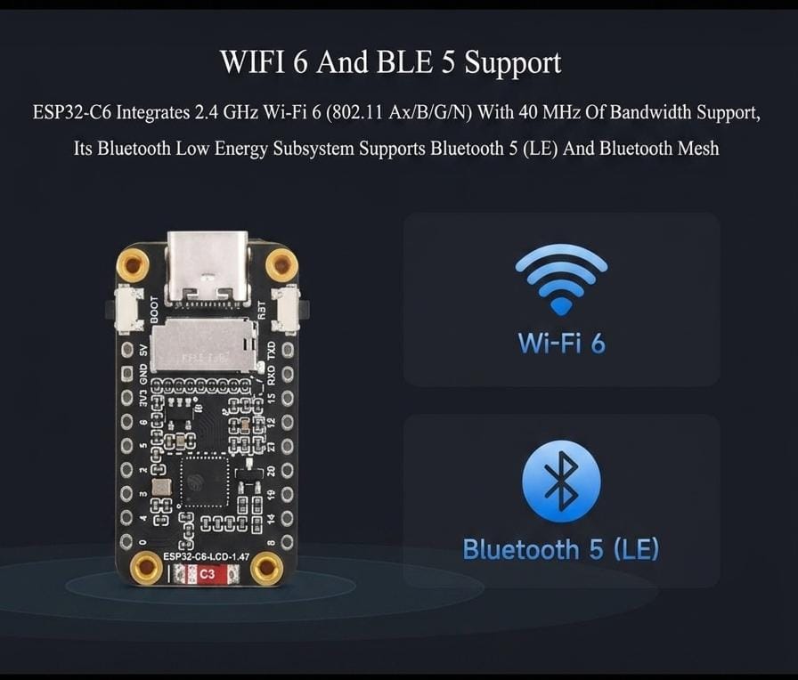 ESP32-C6 1.47inch Display Development Board, 172×320, 262K Color, Single-Core Processor 160MHz Running Frequency, Colorful RGB LED, ESP32 with Display Supports WiFi 6 & BLE