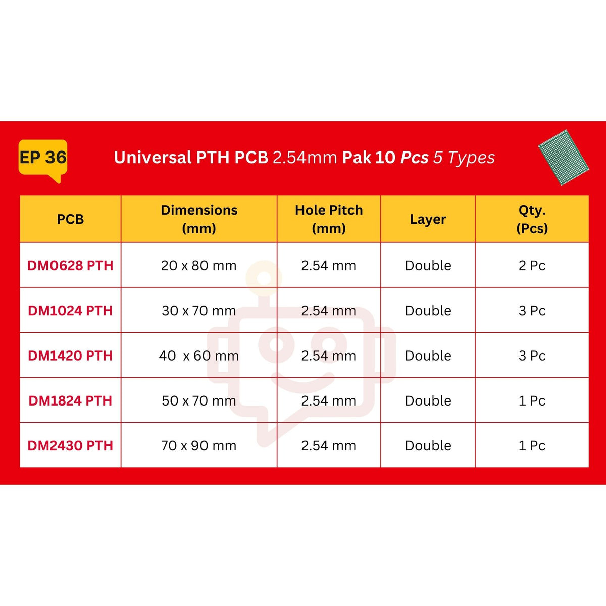 Elepak EP36 Universal PTH PCB 2.54mm Pak 10 Pcs 5 Types