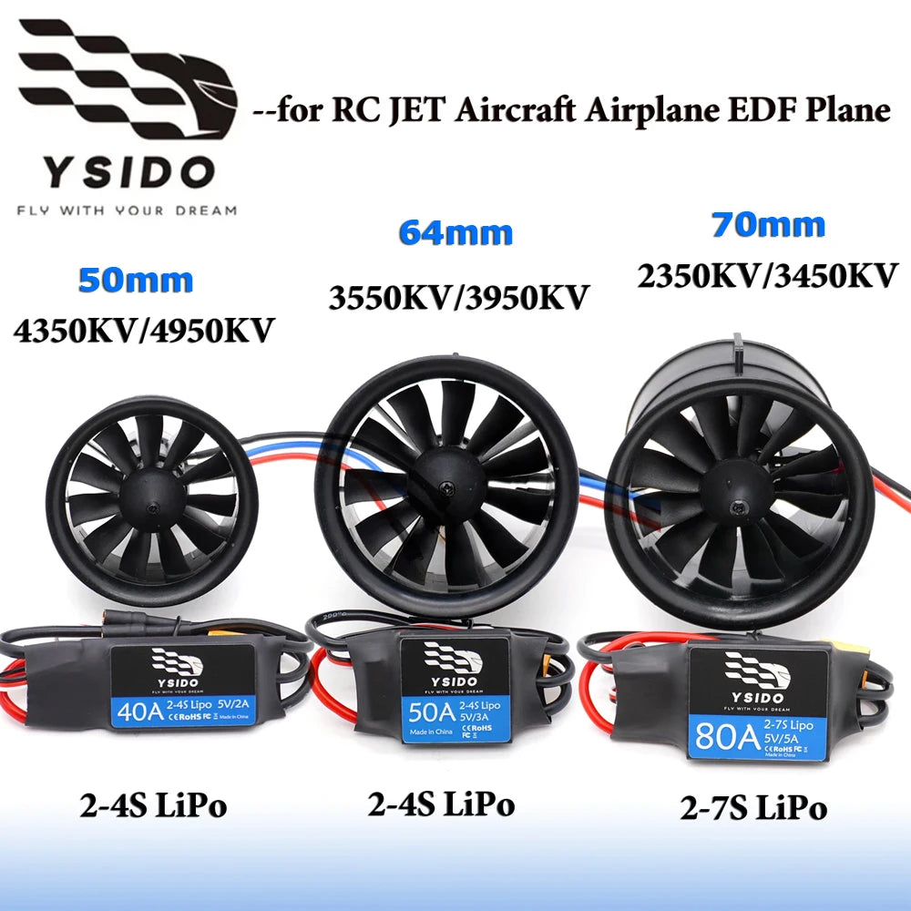 YSIDO 2627-4350kv-4s 50mm RC EDF Motor Duct Fan 11-Blades with 2S-4S 40A ESC Brushless Power for RC JET Aircraft Airplane EDF Plane Parts
