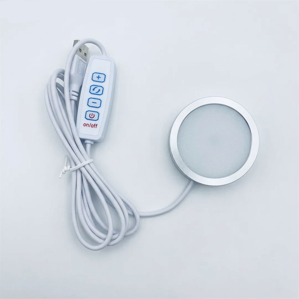 Silver USB LED puck light, 60 mm, warm and cool white, with 4-button dimmer controller