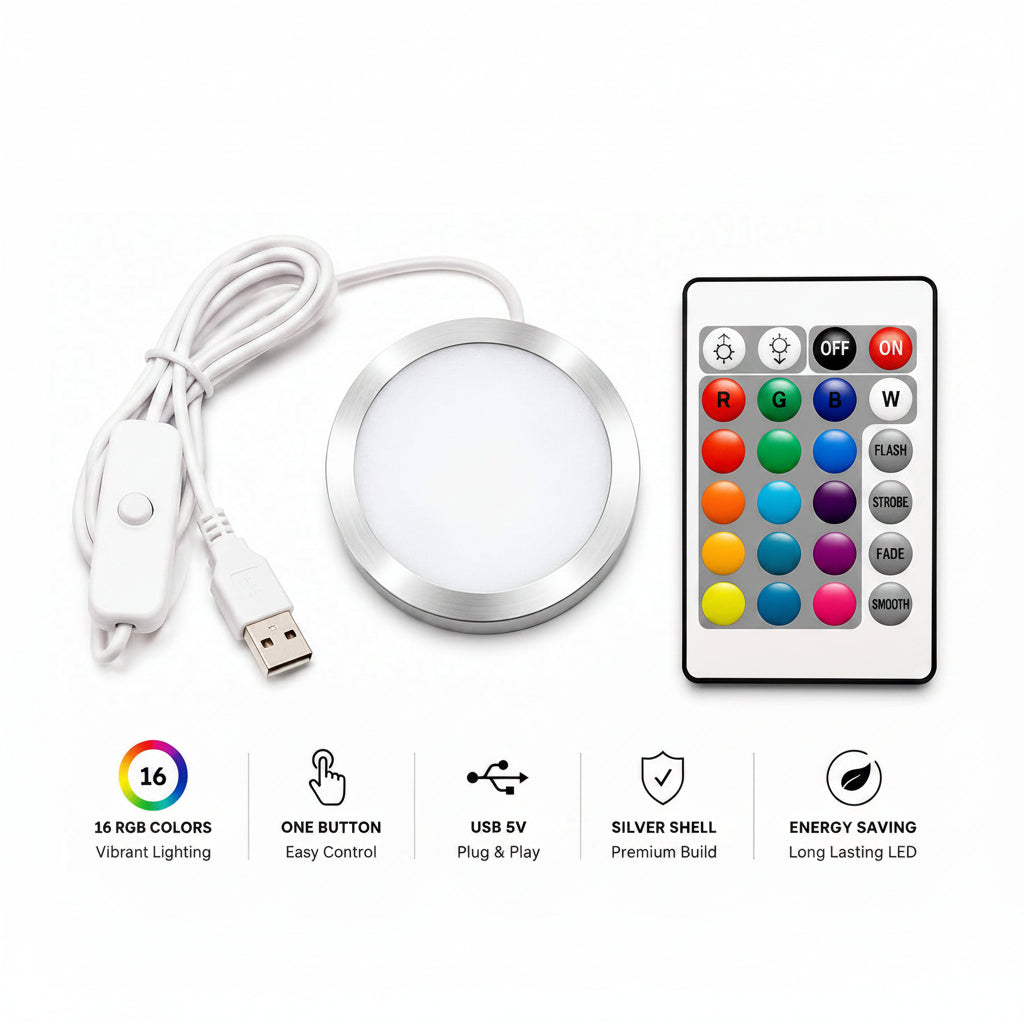 round LED under-cabinet light kit with a white USB cable, a silver-rimmed circular light, and a multi-color remote control, shown on a white background with feature icons below.