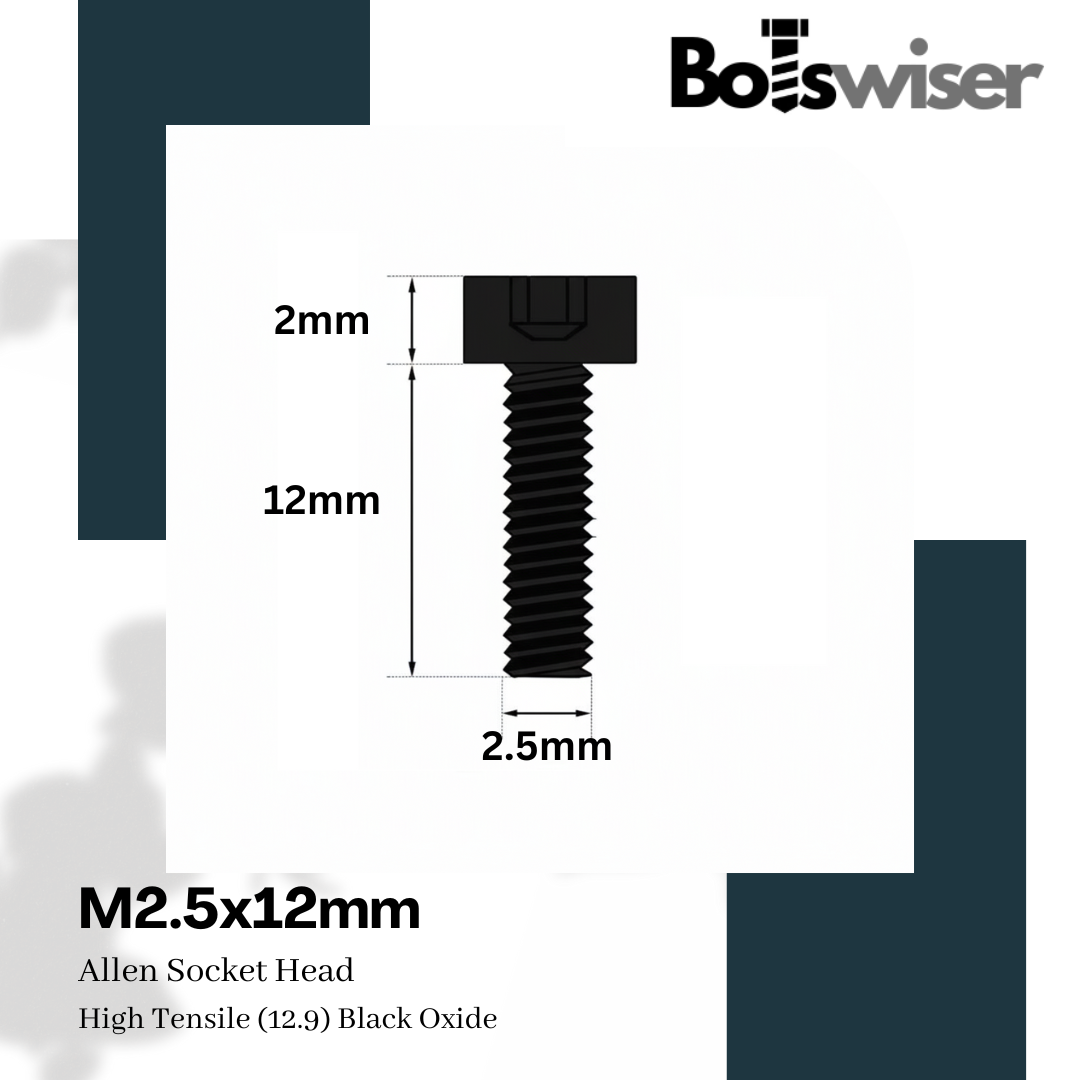 M2.5x12mm Hex (Allen) Socket Head High Tensile(12.9) Black Oxide Screw (Pack of 10)