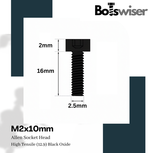 M2.5x16mm Hex (Allen) Socket Head High Tensile(12.9) Black Oxide Screw (Pack of 10)