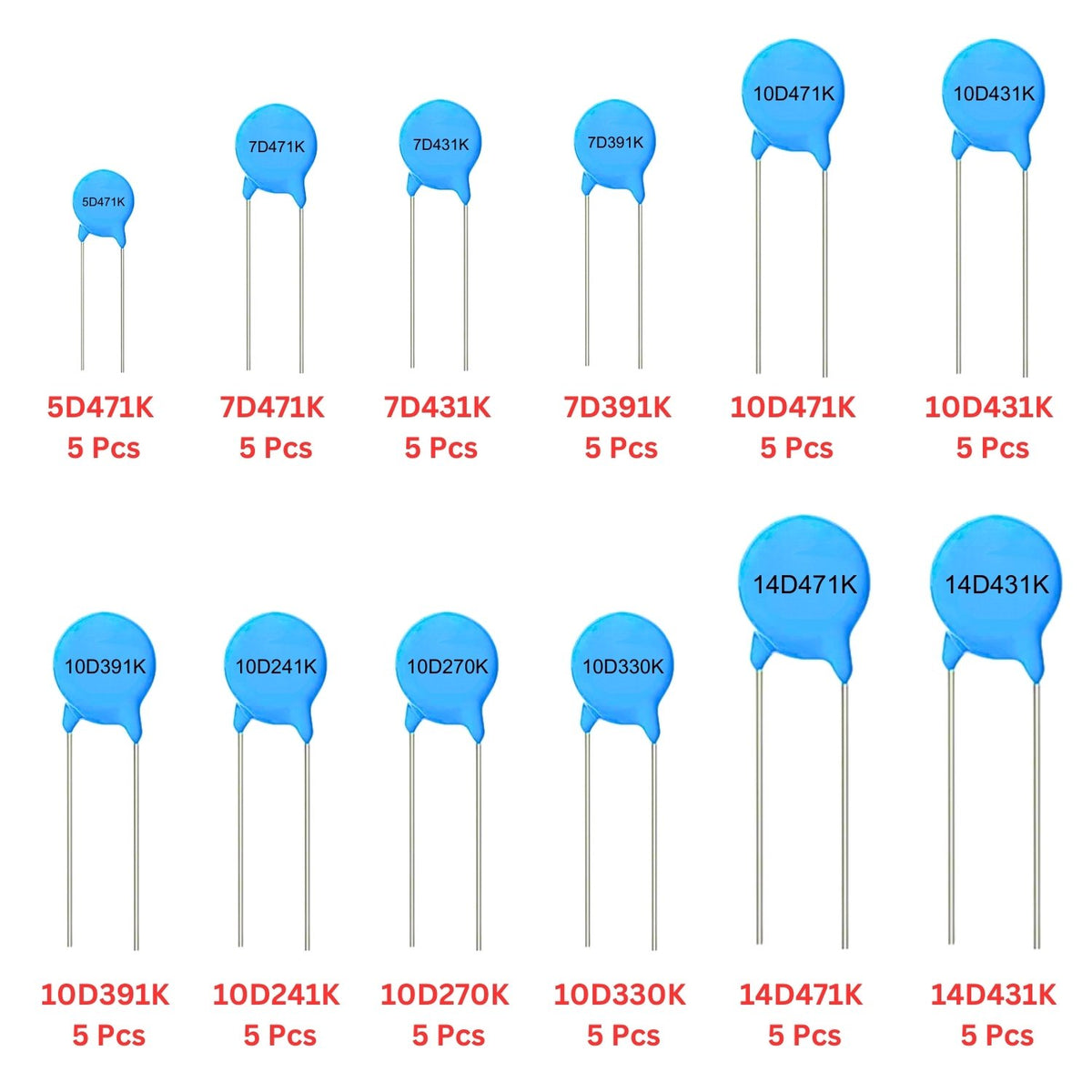 Elepak MOV Metal Oxide Varistor Pak 5 to 14D 60 Pcs 12 Values