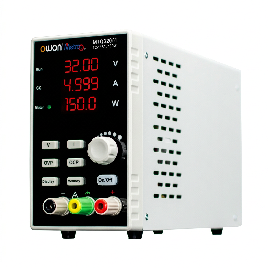 An Owon Metro digital power supply unit, model MTQ32051, featuring a white metal casing, a black front control panel with red LED displays, and multicolored terminal connectors.