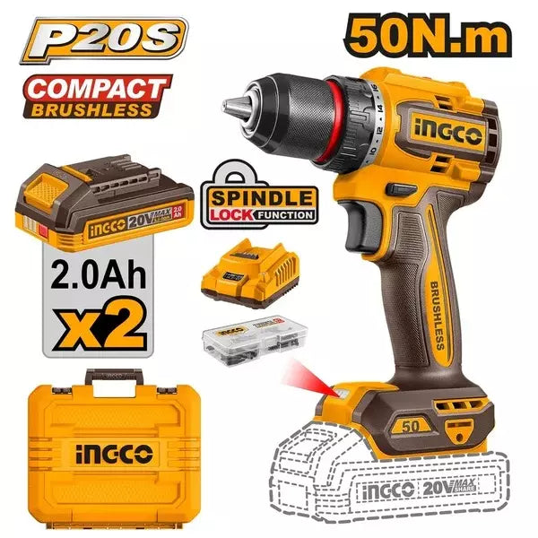 INGCO CDLI205062 Brushless Cordless Drill Driver Kit (50Nm) with 2 Batteries, Charger and 47-Piece Accessory Set