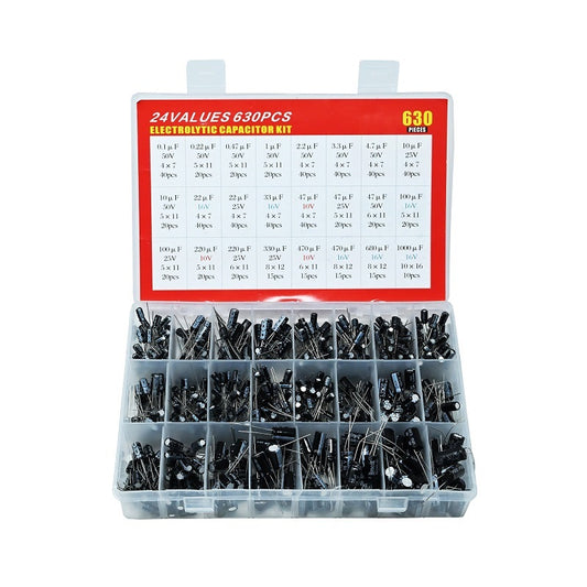 630PCS 24 Type (0.1uF-1000uF) Electrolytic Capacitor with Durable Plastic Storage Box