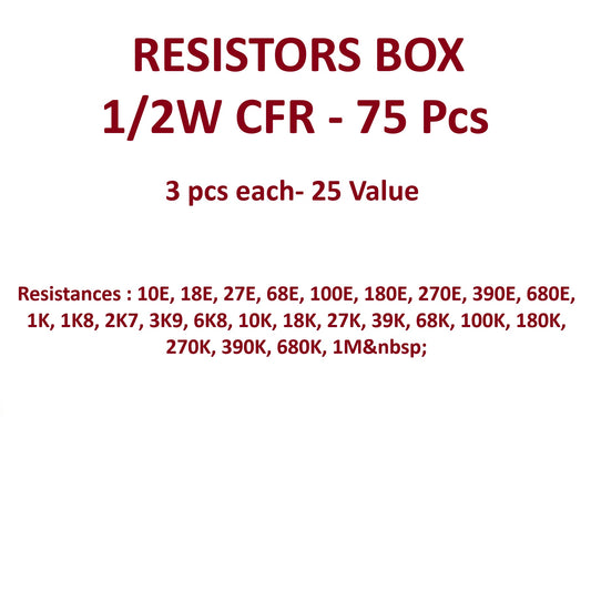 1/2 watt Resistor Box-25 Values, 3 Pcs Each, Total 75 Pcs