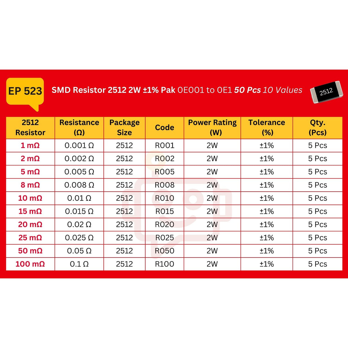 Elepak SMD Resistor 2512 2W ±1% Pak 0E001 to 0E1 50 Pcs 10 Values