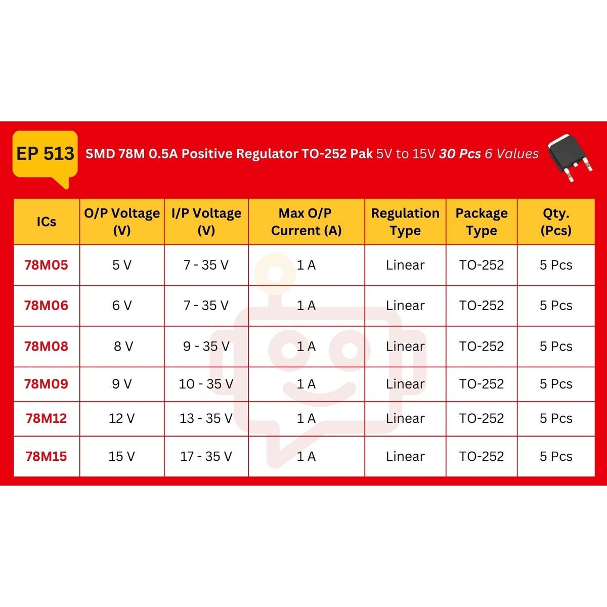 Elepak SMD 78M 0.5A Positive Regulator TO-252 Pak 5V to 15V 30 Pcs 6 Values