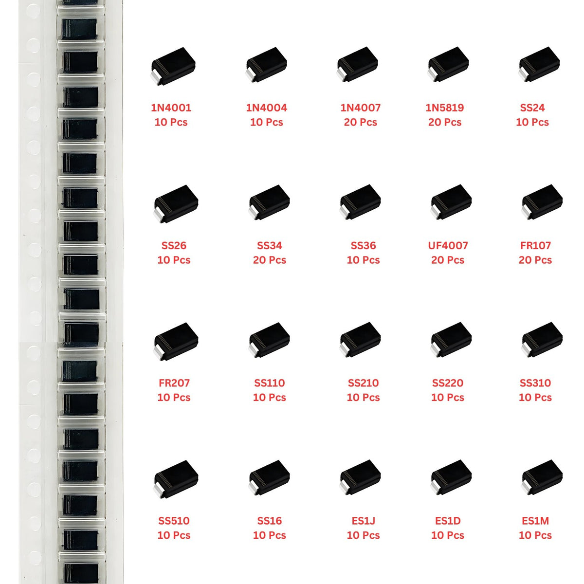 Elepak SMD Diode SMA Pak 250 Pcs 20 Types