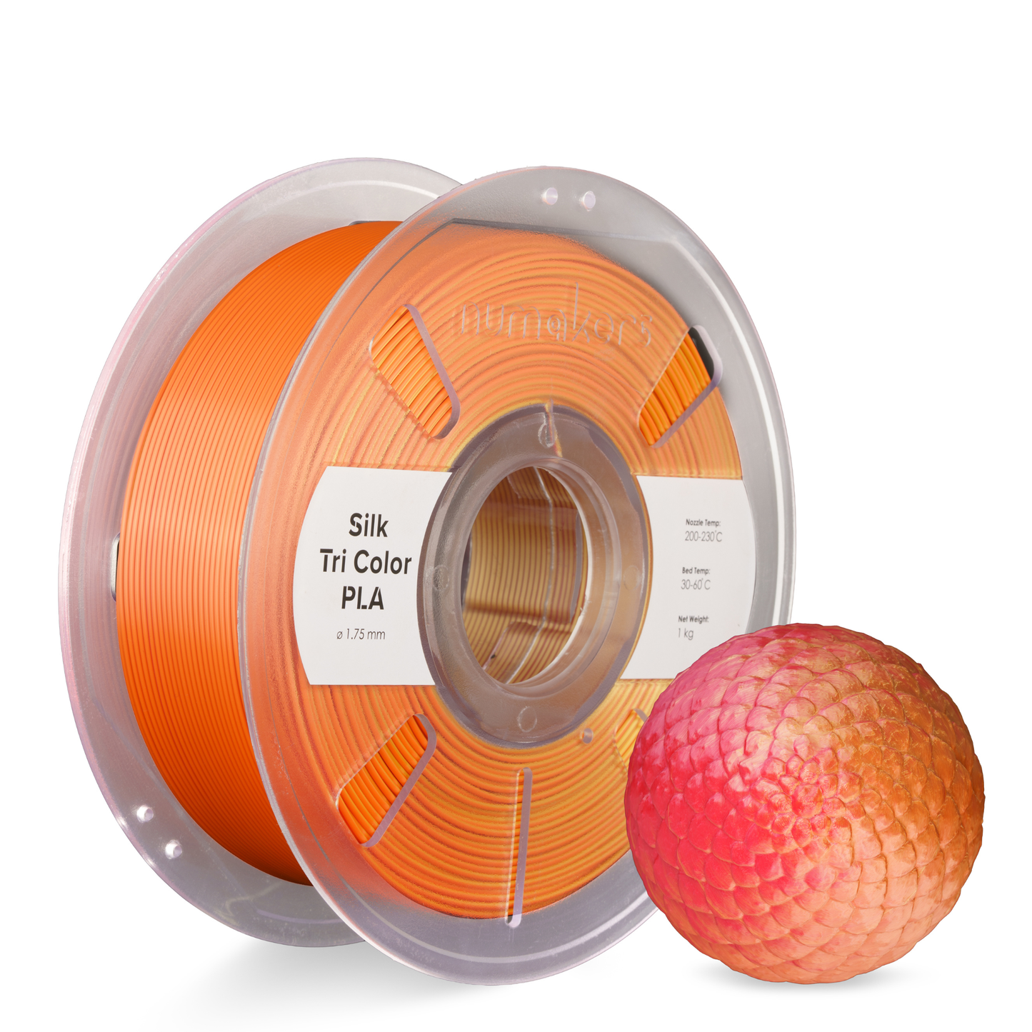 Numakers Tri-Color Silk PLA Filament – Red-Orange-Gold– 1.75 mm / 1 kg