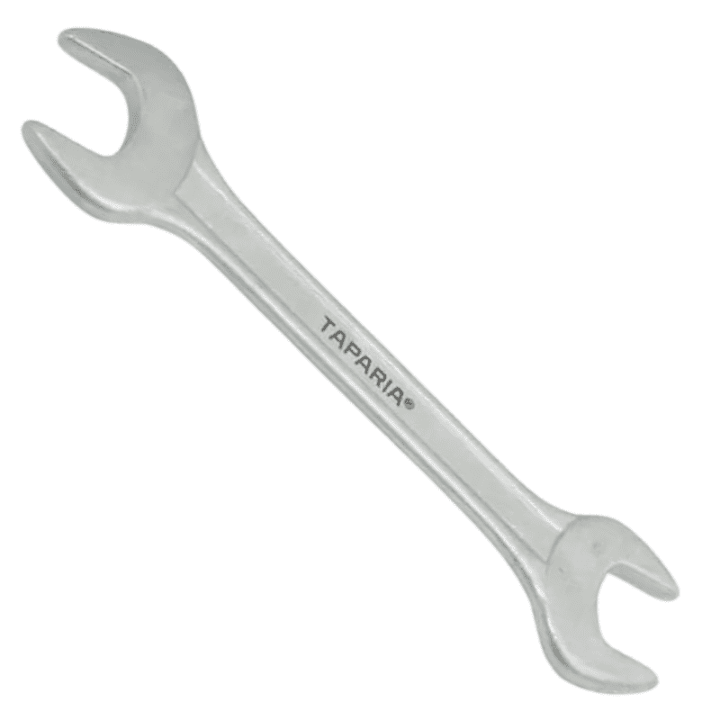 Silver double-ended spanner with 'Taparia' branding on a white background