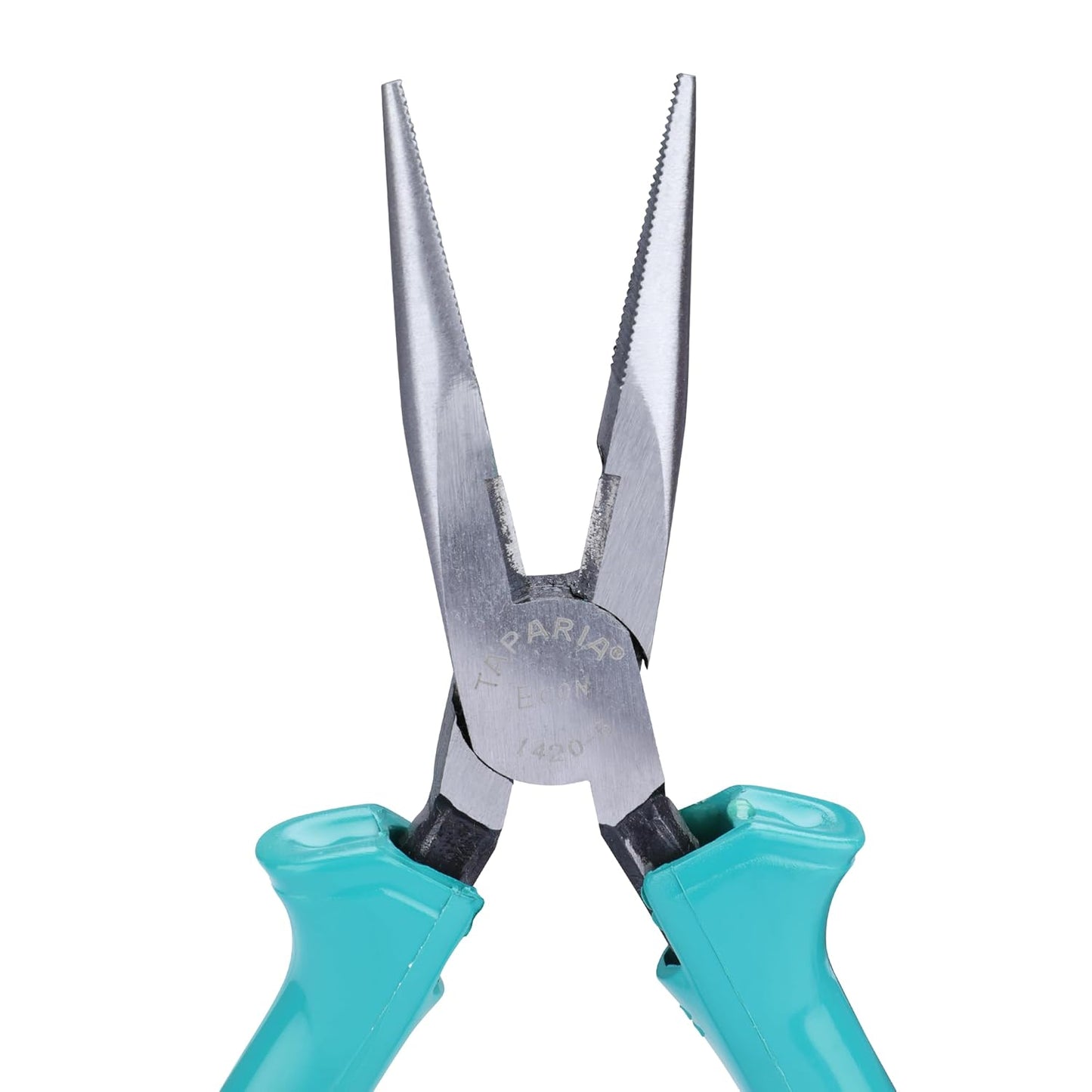 Pair of pliers with turquoise handles on a white background